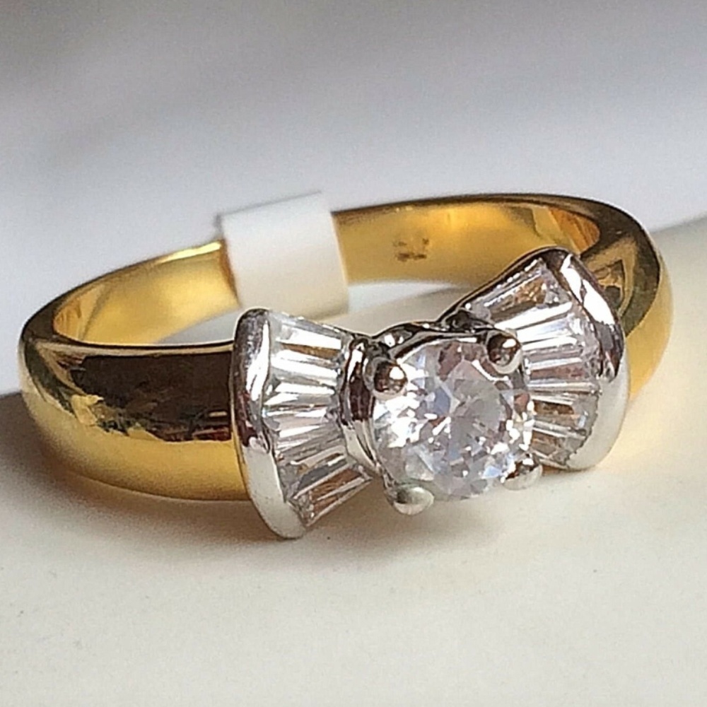Gold Art Deco Engagement Ring Size 9 Ribbon Cubic Zirconia Plated Vintage Style